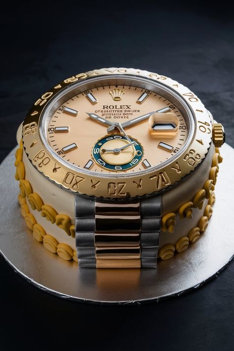 This Rolex-inspired cake is the epitome of luxury and attention to detail, making it the perfect addition to any sophisticated birthday celebration. With elements that mimic the iconic features of a Rolex. It's an ideal choice for someone who appreciates the craftsmanship of luxury watches #rolexcake #cakeideas #birthdaycake #luxurycake #designercake #celebrationcake #cakeinspiration #cakedecorating #baking #sweetreats Rolex Party Theme, Rolex Cake For Men, Men Cake Ideas, Rolex Cake, Watch Cake, Cake Samples, Men Cakes, Cake For Men, Unique Birthday Cakes