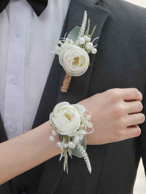 Flower Decor Boutonniere & Wrist Corsage Wrist Wedding Corsage, Simple Corsage And Boutonniere, Wedding Lapel For Guests, Boutiniere Ideas Grooms, Wedding Buttonnaire, Family Flowers For Wedding, Hoco Flowers Corsage, Bouteneire Groom, Peony Corsage