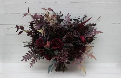 "All dimensions are total length or width. The bouquet is created from artificial flowers and greenery of high quality. The width of the bridal bouquet -17\"( 43 cm) The height of the bouquet- 17\" ( 43 cm) The width of the bridesmaid bouquet is 10 inches.  Thanks for visiting!!" Purple Black Wedding, Moody Wedding Flowers, Deep Purple Wedding, Bouquet Fall Wedding, Faux Bouquet, Purple Bouquets, Faux Flower Bouquets, Burgundy Bouquet, Purple Burgundy