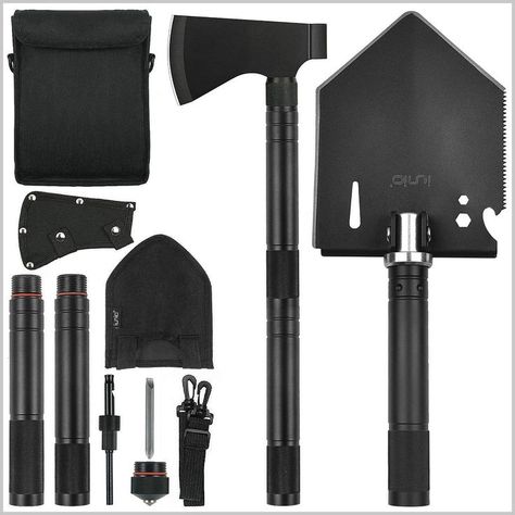 iunio Folding Shovel and Camping Axe Tool Kit, with Carrying Bag, Multitool Spade, Survival Hatchet for Camping, Hiking, Back Ninja Gadgets, Survival Tool Kit, Survival Hatchet, Best Multi Tool, Tactical Shovel, Shovel Head, Pochette Portable, Emergency Survival Kit, Apocalypse Survival