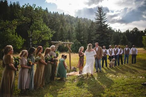 Rustic Outdoor Mountain Wedding in Colorado • Real Wedding on The Budget Savvy Bride Outdoor Mountain Wedding, Rustic Mountain Wedding, Custom Wine Bottles, Wedding In Colorado, Cafe Lights, Plan My Wedding, Bridesmaid Shoes, Rustic Outdoor, Rocky Mountain National Park