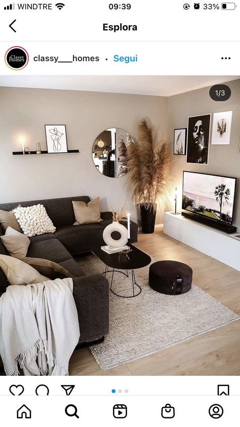 Brown Gray Couch Living Room Ideas, Dark Gray Couch Beige Walls, Brown Sofa Lounge Ideas, Dark Gray Sectional Living Room Decor Cozy, Black And Mocha Living Room, Brown Aesthetic Living Room Ideas, White And Charcoal Living Room, Living Room Idea With Black Couch, Black Couch Tan Walls