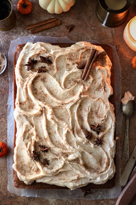 Desirably effortless, this tender Pumpkin Chai Cake will evoke the very essence of fall with its notably sweet spice and fragrant Brown Butter Frosting. Chai Pumpkin Cake With Maple Browned Butter Frosting, Pumpkin Butter Chai Cake, Chai Carrot Cake, Fall Themed Cake Flavors, Pumpkin Cake With Brown Butter Frosting, Chai Pumpkin Cake, Holiday Spice Cake, Simple Spice Cake, Brown Butter Pumpkin Cake