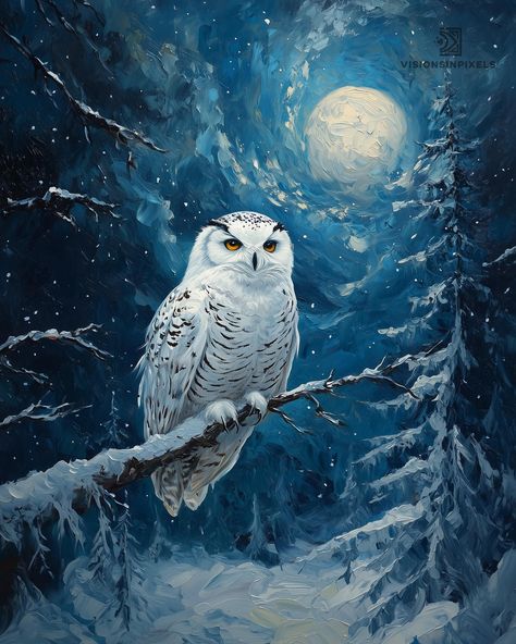 Capture the quiet majesty of a snowy owl perched in a moonlit winter forest, brought to life in the rich, swirling textures of Van Gogh's iconic style. This digital print blends the ethereal beauty of a snowy landscape with the mysterious allure of nocturnal wildlife, making it a perfect piece to add a touch of winter's magic to your decor. WATERMARKS WILL BE REMOVED UPON PURCHASE/DOWNLOAD PRINTABLE ART | Instantly download, print, and frame this captivating wildlife scene. Ideal for enhancing y Snowy Owl Painting, Moonlit Winter, Snowy Owl Art, Forest Wildlife, Winter Owl, Forest And Wildlife, Owl Pictures, Art Classique, Owl Decor