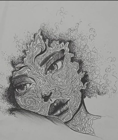 Scribble Art Creative, Pen Scribble Art, Curly Hair Sketch, Scribble Drawing, Abstract Pencil Drawings, Pen Art Work, Moody Art, Hair Sketch, Abstract Face Art