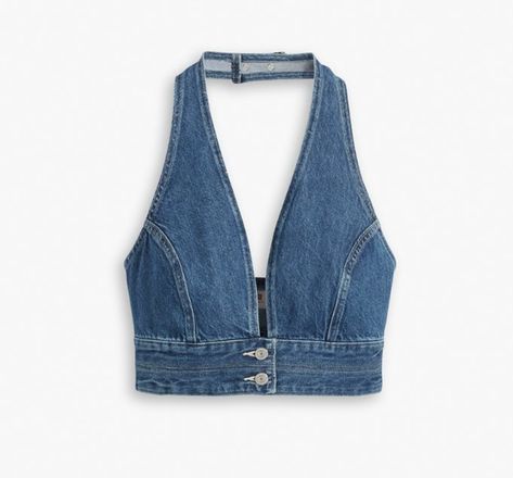 Daisy Jones Denim Top, Jean Crop Top Diy, Diy Top From Jeans, Upcycling Crop Tops, Denim Top Pattern, Denim Top Sewing Pattern, Diy Jean Top, Denim Halter Top Outfit, Top From Old Jeans