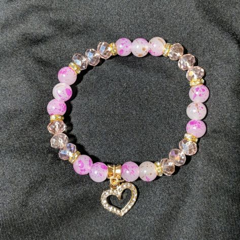 Pink Beaded Accessory Bracelet W/Heart Charm Beaded Bracelets Charms, Bracelet Ideas Crystal Beads, Girly Stuff Aesthetic, Glass Bead Ideas, Glass Beaded Bracelets Ideas, Bracelet Patterns Beads, Chunky Beaded Bracelets, Glass Bead Bracelet Ideas, Charm Bracelet Aesthetic