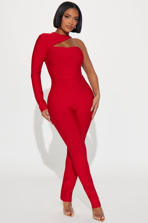 Make It Out Bandage Jumpsuit  - Red | Fashion Nova Red Catsuit, Jumpsuit One Shoulder, Sweat Suits Women, Red Bandage Dress, Bandage Jumpsuits, Taupe Fashion, Red Jumpsuit, Cargo Pant, Matching Dresses