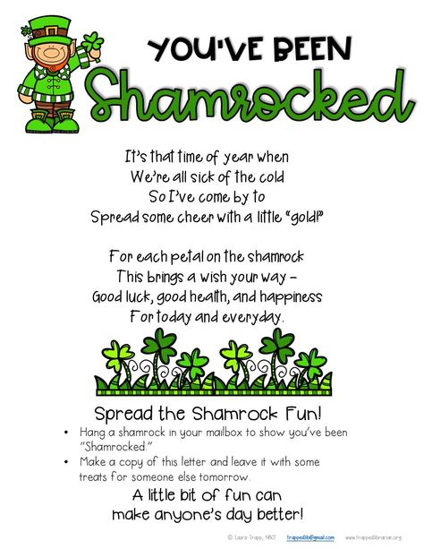 You've Been Shamrocked! • The Trapped Librarian St Patrick’s Day Office Ideas, Silly Mcgilly Ideas Classroom, March Office Decorations, St Patricks Day Activities For Work, March Staff Morale Booster, Morale Boosters, St Patricks Crafts, Staff Morale, St Patricks Day Crafts For Kids