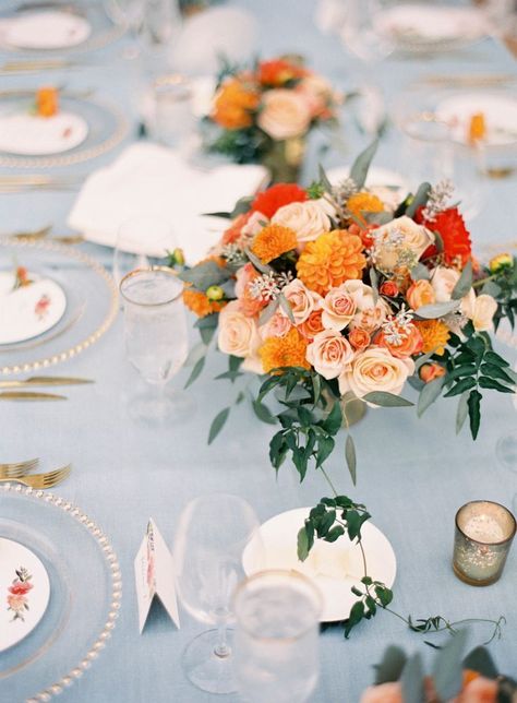 Orange and peach flower centerpieces and blue table linen inspiration from a Tuscany-inspired Wedding in California Orange Wedding Centerpieces, Blue Orange Weddings, Orange Wedding Themes, Orange Wedding Flowers, Wedding In California, Light Blue Wedding, Boda Mexicana, Tuscan Wedding, Wedding Colors Blue