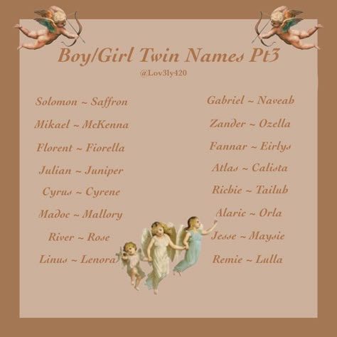 Boy/Girl Twin Names Pt3 *⚠️These names weren’t made with the intention for children, simply just based off a theme and can be used for purposes such as character creation, story writing etc⚠️* Twin Names Aesthetic, Twins Boy And Girl Names, Fantasy Twin Names, Twins Names Boy And Girl, Baby Twin Names, Twin Name Ideas, Twin Names Boy And Girl, Duo Names, Triplet Names