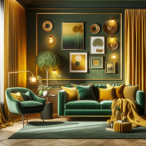 golden yellow and emerald green living room Yellow And Emerald Green, Emerald Green Living Room, Plum Wall, Gold Light Fixture, Green Living Room, Orange Sofa, Front Door Colors, Living Room Green, Colorful Curtains