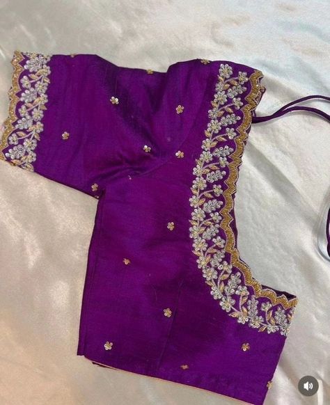 "Purple Maggam Work Blouse at SM Designs – Royal Elegance! 💜 Step into sophistication with our Purple Maggam Work Blouse, designed to add a regal touch to your ethnic wardrobe. Crafted with intricate maggam embroidery on high-quality Half Pattu/Raw Silk, this blouse is perfect for weddings, festive celebrations, and special occasions. Customizable to suit your style, this elegant piece will make you stand out effortlessly. 🌸 Fabric: Half Pattu / Raw Silk 🌸 Price: ₹2000 for unstitched, ₹2550... Violet Blouse Designs, Silk Saree Blouse Styles, Zardosi Blouse, Embroidery Blouse Saree, Hand Embroidery Blouse, Ready Made Blouse, Maggam Blouse, Saree Blouse Styles, Stitched Saree