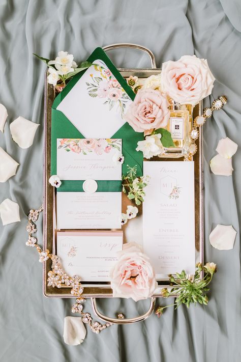 Emerald And Light Pink Wedding, Emerald And Blush Wedding, Emerald And Pink Wedding, Wedding Invitation Sage Green And Blush, Sage Green And Dusty Pink Wedding Invitations, Moss And Blush Wedding Invitations, Emerald And Blush With Gold Foil Invitations, Flower Stationary, Tree Invitation