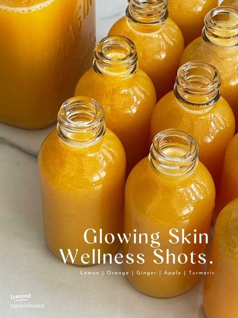 glowing skin wellness shots | Gallery posted by gabrielleassaf | Lemon8 Glow Shots, Juice Shots, Health Juice, Ginger Shots, Turmeric Shots, Juice Cleanse Recipes, Juice Benefits, Wellness Shots, Brunch Drinks