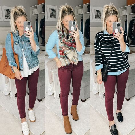 Fall Outfits With Colored Pants, Outfit Ideas With Burgundy Pants, Burgandy Pants Outfits Fall, Maroon Pants Outfit Winter, Burgundy Jeans Outfit Winter, Wine Color Pants Outfit, Burgundy Pants Outfit Fall, How To Style Burgundy Leggings, Colored Joggers Outfit