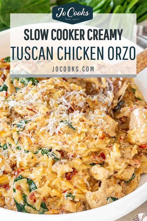 Whip up this heavenly Slow Cooker Creamy Tuscan Chicken Orzo for a no-fuss, flavor-packed dinner! #EasyDinnerIdeas #SlowCookerRecipes 🍲👩‍🍳 Creamy Marry Me Chicken Orzo Crockpot, Large Crockpot Meals For A Crowd, Tucson Chicken Orzo, Crockpot Ideas For Dinner Easy Recipes, Crockpot Creamy Marry Me Chicken Orzo, Marry Me Chicken Orzo Crock Pot, 12 Hr Crockpot Recipes, Best Crock Pot Meals Dinners, Classic Crockpot Recipes