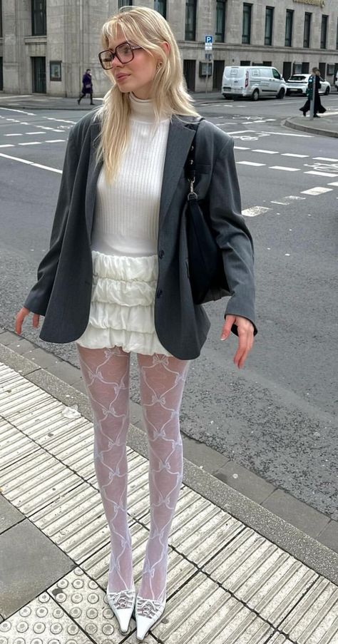 White Dress Black Tights Winter, White Fishnet Tights Outfit, White Skirt And Stockings Outfit, Diamond Tights Outfit, White Skirt White Tights, White Dress White Tights, White Stockings Outfit Aesthetic, White Tights Outfit Winter, White Lace Tights Outfit