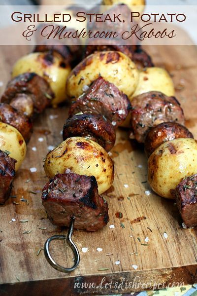 Marinated Grilled Steak, Potato and Mushroom Kabobs #recipe Mushroom Kabobs, Potato Mushroom, Meat And Potatoes, Steak Potatoes, Shish Kabobs, Steak And Mushrooms, Kabob Recipes, Fruit Kabobs, Summer Grilling