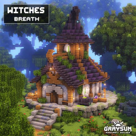 Minecraft Houses Witch Hut, Witch Cottage Minecraft House, Minecraft Medieval Potion Shop, Amethyst Base Minecraft, Potions House Minecraft, Cute Witch House Minecraft, Minecraft Spooky Village, Minecraft Building Ideas Witch, Potion Minecraft Room