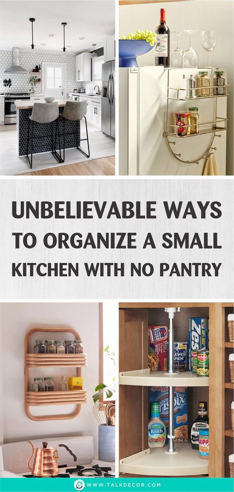 Working in a small kitchen with no pantry is absolutely challenging. The ideas below are the solution to have storage and stylish decoration in a no-pantry kitchen. #smallkitchendesigns #smallkitchendecor #smallkitchenoorganization #smallkitchenwithnopantry Small Kitchen No Pantry, Small Kitchen With No Pantry, Kitchen With No Pantry, Pantry Solutions, Organize A Small Kitchen, No Pantry, No Pantry Solutions, Kitchen Ornaments, Pantry Kitchen