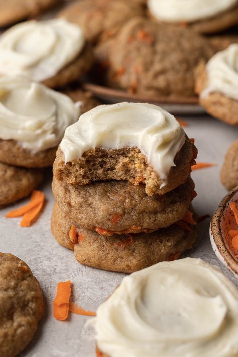 A stack of frosted carrot cake cookies, amongst other cookies. Carrot Cake Recipe Homemade, Best Carrot Cake Recipe, Live Well Bake Often, The Best Carrot Cake, Carrot Cookies, Carrot Cake Cookies, Best Carrot Cake, Cream Cheese Cookies, Iconic Moments