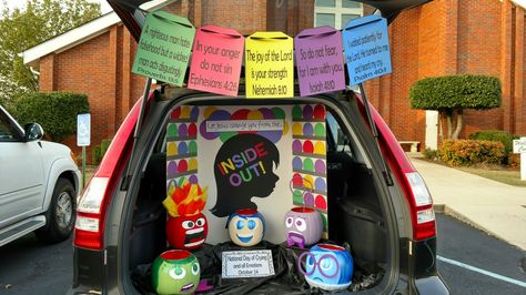 Inside Out trunk or treat!! Inside Out Trunk Or Treat, Nightmare Before Christmas Trunk, Christmas Trunk Or Treat Ideas, Christmas Trunk Or Treat, Inside Out Party Ideas, Church Trunk, Trunker Treat Ideas, Trunk Or Treat Ideas, Halloween Wallpaper Cute