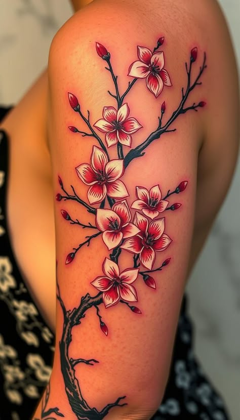 Explore Japanese cherry blossom tattoo ideas that symbolize the fleeting nature of life and beauty. Perfect for those who appreciate the delicate and meaningful symbolism. Japanese Tattoo Art Cherry Blossom, Japanese Wisteria Tree Tattoo, Dark Cherry Blossom Tattoo, Japanese Cherry Tree Tattoo, Tattoo Blossom Cherry, Cherry Blossom Tattoo Arm For Women, Japanese Tattoo Ideas Female, Japanese Cherry Blossom Tattoo Men, Cherry Blossom Side Tattoo