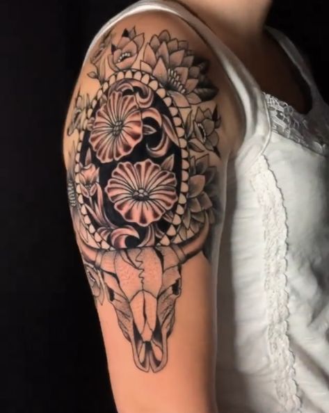 Western Tattoo With Flowers, Bull Skull Tattoo With Flowers Sleeve, Leather Tooling Tattoo Ideas, Western Forarm Tattoos For Women, Leather Design Tattoo, Tooled Leather Tattoo Design Western, Women Tattoos Western, Western Tooling Tattoo Sleeve, Western Tooled Leather Tattoo