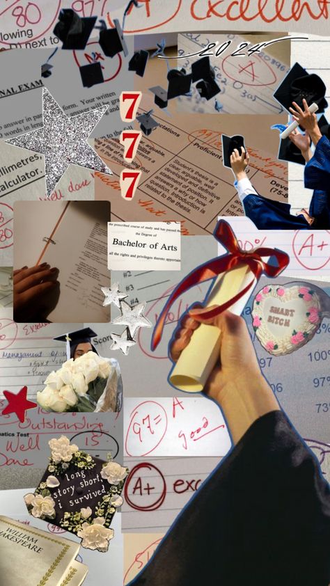 a background of straight A’s on various tests and assignments  overlaid with several silver and red stars and people throwing their graduation caps. Grad Picture Ideas, Senior Year Of High School, Thesis Writing, Writing Motivation, Motivational Wallpaper, Grad Pics, Novel Writing, Screenwriting, The Arts