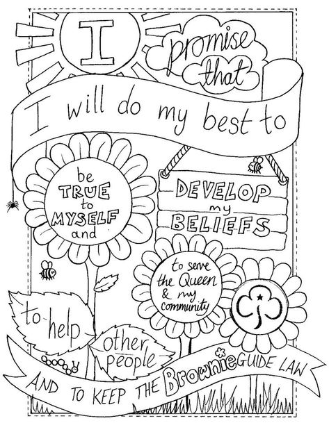 UK Brownie Promise colouring sheet. Created by @emyb Emy Buxton Girl Scout Coloring Pages, Scout Coloring Pages, Girl Scout Brownies Meetings, Brownies Girl Guides, Brownies Activities, Girl Scout Promise, Brownie Guides, Girl Scout Law, Brownie Badges