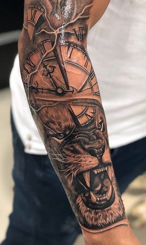 Clock Tattoo Sleeve, Voll Arm-tattoos, Lion Forearm Tattoos, Half Sleeve Tattoos Forearm, Lion Tattoo Sleeves, Men Tattoos Arm Sleeve, Forarm Tattoos, Cool Arm Tattoos, Forearm Sleeve Tattoos