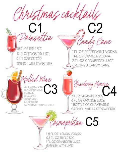 Signature Holiday drink Menu | Vinylbug Designs Signature Winter Cocktails, Wedding Cocktails Winter, Christmas Cocktail Party Menu Ideas, Holiday Ornament Drinks, Red Christmas Cocktails Holiday Drinks, Holiday Drinks Recipes, Holiday Drink Board, Christmas Drink Display, Mistletoe And Margaritas Party Decor