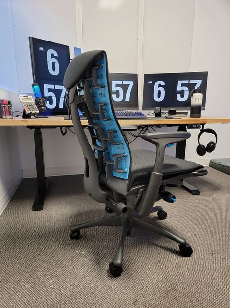 Creative Office Setup. Three monitors. Herman Miller Embody Logitech Chair. Herman Miller X Logitech G Embody Gaming Chair, Herman Miller Gaming Chair, Embody Chair, Custom Butcher Block, Nice Houses, Adjustable Computer Desk, Creative Office, Work Chair, Adjustable Height Desk