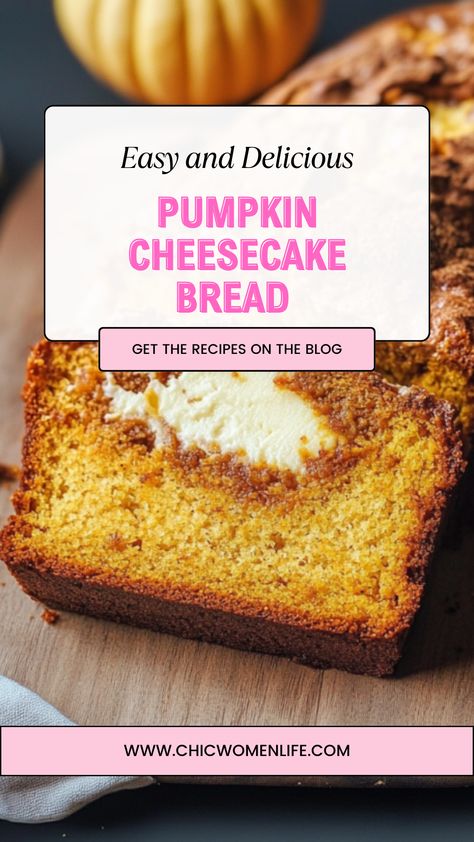 Pumpkin Cheesecake Bread Pumpkin Cheesecake Bread, Cheesecake Bread, Dessert Quotes, Autumn Baking, Moist Pumpkin Bread, Delish Recipes, Creamy Cheesecake, Cream Cheese Filling, Pumpkin Pie Spice