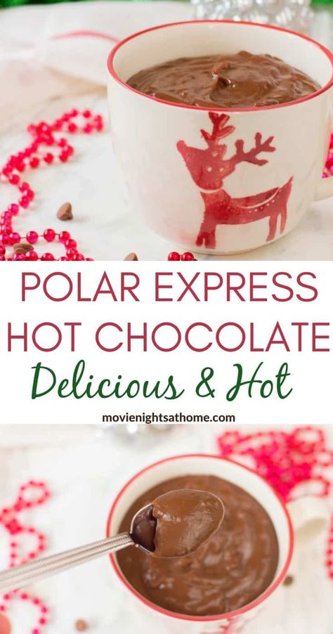 Vegetarian Gluten free · Serves 2 · This Polar Express Hot Chocolate Recipe is perfect for a Christmas movie night at home! It's creamy, sweet, and served Hot! Hot! just like on the magical train ride! It's also super thick like an Italian hot chocolate -- which is going to be your new favorite!! Swiss Miss Hot Chocolate Recipe, Polar Express Hot Chocolate Recipe, Christmas Brunch Drinks, Polar Express Hot Chocolate, Magical Train, Italian Hot Chocolate, Hot Cocoa Mix Recipe, Movie Night At Home, Gourmet Hot Chocolate