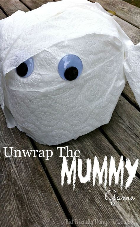 Unwrap the Mummy Game! Perfect for Preschool or Elementary School Halloween parties, or Hotel Transylvania Birthday Parties. You won't believe how easy this is, and how much the kids love unwrapping the toilet paper to find cute prizes! Party Game Ideas For Kids, Halloween Party Game Ideas, Mummy Games, Game Ideas For Kids, Hotel Transylvania Birthday, Bridge Kids, Hotel Transylvania Party, Party Game Ideas, Fun Halloween Party Games