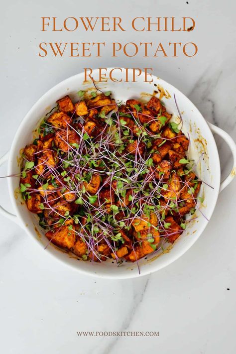 Flower Child Sweet Potato Recipe Flower Child Sweet Potato Recipes, Potato Flowers Recipe, Ronzoni Lasagna Recipe, Mcdonalds Recipes, Green Sauce Recipe, Sweet Potato Benefits, Vegetable Bowls, Sweet Potato Recipe, Stuffed Sweet Potato Healthy