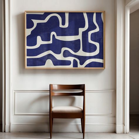 Line Art Living Room, Lake Town, Navy Blue Wall Art, Minimal Abstract Art, Navy Blue Walls, Blue Wall Decor, Blue And, Abstract Painting Print, Modern Art Printables