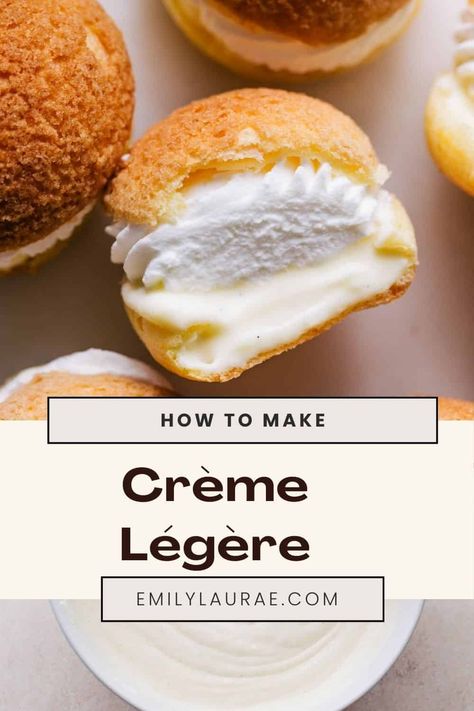 If you’re a fan of the dreamy vanilla cream inside of éclairs and cream puffs, you need to learn the art of making Crème Légère. This versatile French cream recipe can be used in dozens of applications and can be flavored in countless ways to fit your dessert vision. Types Of Pastry Cream, Eclair Cream Filling, Cream Puff Filling Ideas, Cream Puff Flavors, Clotted Cream Recipe, Mousseline Cream, Clotted Cream Recipes, Best Frosting Recipe, Cream Puffs Recipe