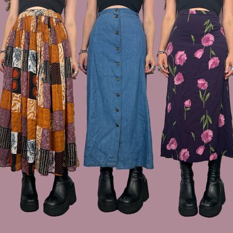 Starting to prepare for September’s drop 🍁🍂 40+ maxi skirts will be up for sale on sophieseddon.com 🕯️🐈‍⬛🧚🏼‍♀️ shop drop date: TBA 🌛 Maxi Denim Skirt Outfit Aesthetic, 90s Maxi Skirt Outfit, 90s Skirt Outfits, Denim Skirt Outfit Aesthetic, Maxi Denim Skirt Outfit, Plus Size Alternative Fashion, Sophie Seddon, Whimsigoth Style, Girls Maxi Skirt