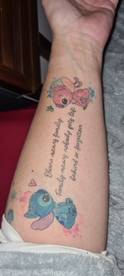 Angel From Lilo And Stitch Tattoo, Ohana Means Family Tattoo Ideas, Stitch Family Tattoo, Stitch Tattoo Ideas Ohana, Stitch Tattoo Ideas Small Simple, Angel Stitch Tattoo, Stitch Angel Tattoo, Stitch And Angel Tattoo Couple, Ohana Tattoo Ideas For Women