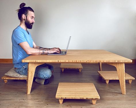 Japanese Floor Seating, Japanese Dining Table, Projek Kayu, Large Square Coffee Table, Floor Desk, Japanese Table, Japanese Dining, Low Coffee Table, Mid Century Modern Coffee Table