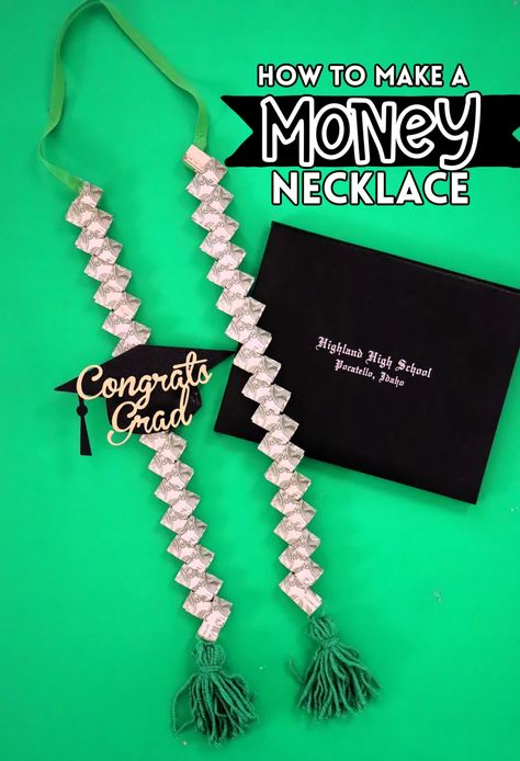 Graduation Money Necklace, Money Lay For Graduation, Graduation Necklace Ideas, Money Lai, Graduation Candy Lei, Graduation Cords, Graduation Leis Diy Ribbons, Money Lei Diy, Graduation Leis Diy