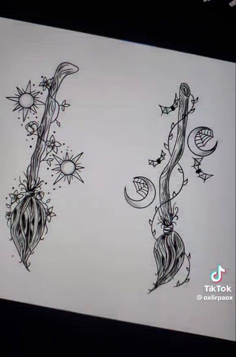 Which Broom Tattoo, Minimalistic Witch Tattoo, Witch's Broom Drawing, Witchy Key Tattoo, Good Witch Tattoo Ideas, Matching Witch Tattoo Ideas, Witch Broom Tattoo Design, Small Matching Witchy Tattoos, Witchy Sister Tattoos For 2