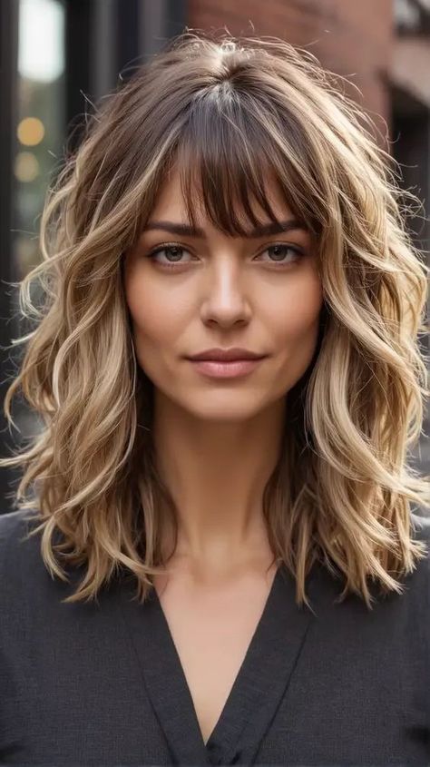 Soft Waves With Bangs, Swoop Bangs Curly Hair, Hair Styles Mid Length Layers, Hairstyles For Medium Length Hair With Fringe, Funky Mid Length Hairstyles, Mid Length Haircut With Bangs And Layers, Shaggy With Bangs Mid Length, Waved Hair With Bangs, Fringes For Oval Faces