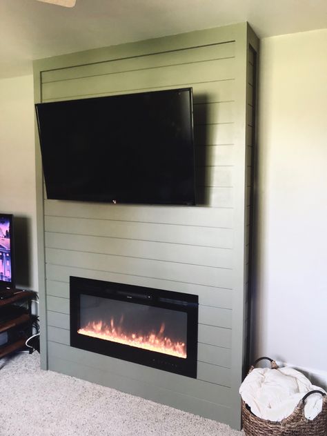 Shiplap Fireplace No Mantel, Green Shiplap Fireplace, Fireplace No Mantel, Fireplace Colors, Green Shiplap, Shiplap Fireplace, Green Electric, Electric Fire, Electric Fires