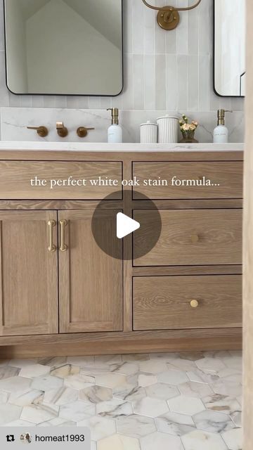 Interiors with Becky on Instagram: "Racking your brain to find the perfect white oak stain? It can be quite the challenge! This blend goes perfectly with both brass and black finishes, and is the perfect neutral to complement the warmer tones in this bathroom. Can also be used for kitchen cabinets!   👉 Screenshot the label shown in this reel and get it mixed at any Sherwin Williams or paint store, or send it to your contractor!   👉 Save this for reference if you want to come back and look at it later   👉 PSA: ALWAYS test the stain on a smaller piece of white oak in the room you’re going to be using it in and place with other materials/finishes in the room. This is SO important as each space is different and stains look different in different lighting conditions.   #bathroomdesign #bathr Oak Cabinets With White Countertops Bathroom, Stain For White Oak Cabinets, Black Stained Oak Cabinets, Neutral Painted Bathroom Cabinets, White Oak Bathroom Vanity And Olive Paint, White Oak Cabinets Bathroom, White Oak Stained Cabinets, White Oak Bathroom Cabinets, Riff Sawn White Oak Cabinets