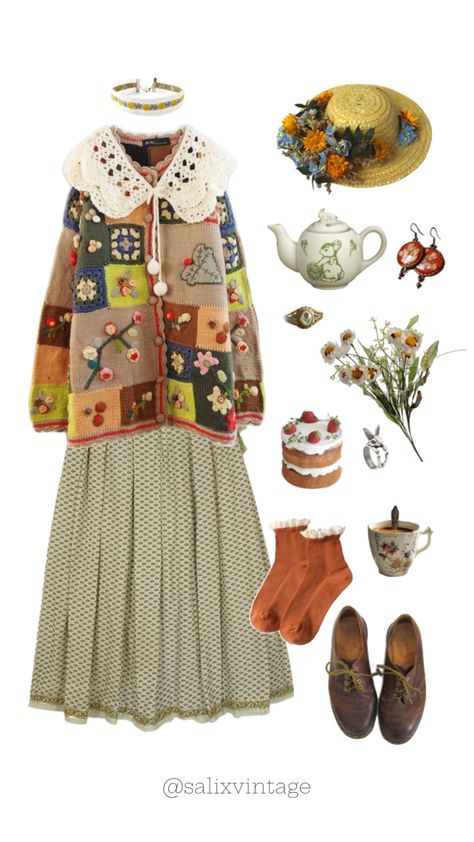 Craftcore Aesthetic Outfits, Granny Clothes Aesthetic, Goofy Outfit Ideas, Craftcore Outfit, Ghiblicore Fashion, Homestead Aesthetic Outfit, Granny Aesthetic Outfits, Twee Clothing, Ghiblicore Outfits