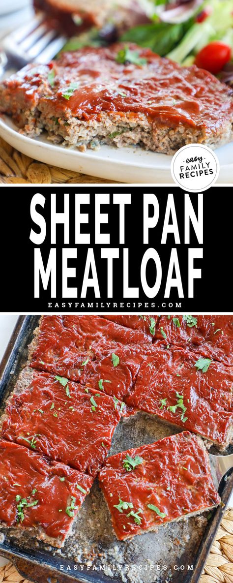 BEST Easy Dinner for family! This Sheet Pan Meatloaf recipe is like meatloaf but better! The meatloaf cooks in half the time, and you get more flavorful saucy topping in every bite! This method is so genius because it cooks fast, and stays so tender and juicy! This is the perfect southern meatloaf recipe!! Meatloaf Sheetpan Dinner, Easy Healthy Sheet Pan Dinner Recipes For Family, Meatloaf In A Pan, Hamburger Sheet Pan Dinners, Sheet Pan Hamburgers, Ground Beef Sheet Pan Dinners, Beef Sheet Pan Dinner, Southern Meatloaf Recipes, Sheet Pan Ground Beef